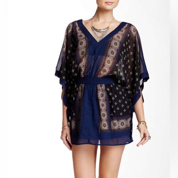 FREE PEOPLE Womens Boho Printed Kimono Tied Sleeve V-Neck Mini Dress Size XS - Picture 2 of 12